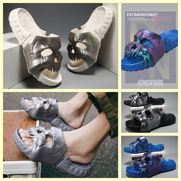 Zapatillas con diseño de calavera personalizadas para hombre y mujer, chanclas divertidas para exteriores, parte inferior gruesa de playa, sandalias antideslizantes de ocio, 2024