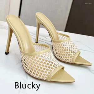 2024 Sandalias Summer Femenina High Heel Mesh Cuero genuino Toe Poe Toe Zapatos versátiles V