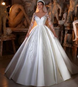 2024 Satijnprinses Wedding Jurken V-Neck Sequin kralen lange illusie mouw bruid jurken land bruidsjurk vestido de novia robe mariiee