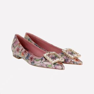 Livraison gratuite 2024 Satin Femmes Pink Diamond Flat Talages Chunky Pilding Pied Toes Paisley Printed Rose Flors Robes Chaussures Party Mariage Slip-on Commuter Taille 34-43