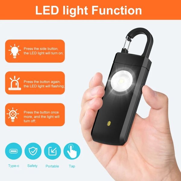 2024 Auto-défense LED Lampe de poche USB USB Lightchain rechargeable Lumière avec une alarme de sécurité Supplies Femmes Tool d'urgence en plein air 1.Lampe de poche de sécurité personnelle
