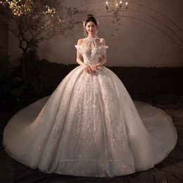 2024 Sexy A Línea Vestidos de novia vestidos de novia Cristales florales Boho Boho Country Vestidos De Novia Custom Hade Long Bridal Gowns de gran tamaño Trasa de barrido Aplicada Tren de barrido