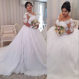 2024 Sexy A LINE Robes de mariée Simple Scoop Neck ILLUSE LONGES LONGES APPLIQUES DE LACE BRIDAL LONGUEUR LONGUEUR VESTIDO DE NOIVA PLUS TAILLE