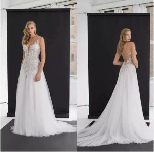 2024 Sexy Backless Wedding Jurken V Neck Sweep Train Appliques Kralen Custom Made Country A Line Wedding Dress Plus Size Lace Bruids Jurk