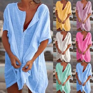 2024 Sexy Beach Swimsuit CoverUp Chemise chemise en coton Linette longue mode Contrus Casual Colomb Color Robe 240509
