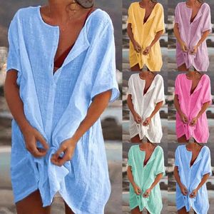 2024 Sexy Beach SweetSuit CoverUp Chemise chemise en coton Linette longue mode Casual Casual Color Color Robe 240419