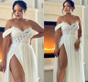 2024 Sexy Vestido de novia de playa para la novia Split Split Chiffon Sweetheart Lace Appliques Boho Boho Fiest Farty Vestidos De Noiva Robe de Mariage