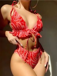 2024 Sexy Bikini Women Ruffles Narany Tie Dye Up Microuit Brasil Brazy Beach Bathing Traje Bíqui de baño de cintura alta 240418