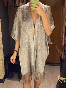 2024 Sexy Fringe Femmes Pouettel Mesh transparent brillant tunique en tricot couverture de plage Up CoverUps robe Wearwear femelle 240417
