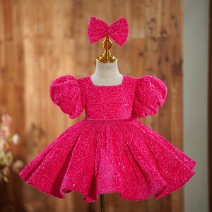 2024 Sexy Lovely Christmas Sequins Flower Girls Robes Big Bow Kids Birthday Girl Girl Gowns Princess Robes Princess First Holy Communion Bouches Baby Girl