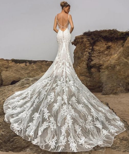 2024 sexy sereia vestido de casamento profundo decote em v rendas apliques longo-aberto voltar casar feito sob encomenda mulheres abendkleider verão praia vestidos de novia