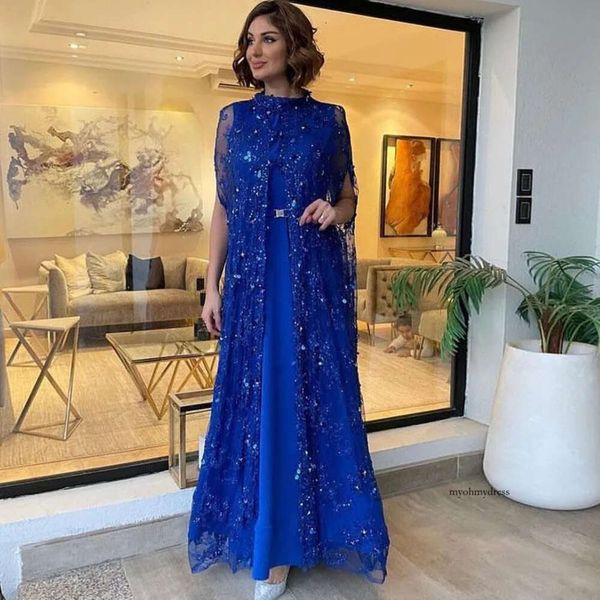 2024 Sexy Mother of the Bride Robes Royal Blue High Neck Illusion Illusion Appliques Perles de cristal avec veste enveloppe une ligne Robes d'invité de mariage Longueur 0513