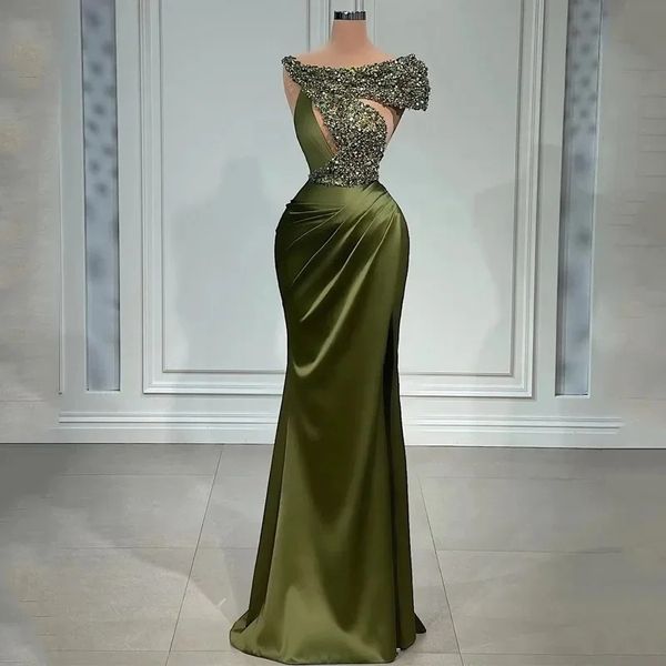 2024 Vestidos de noche sexys de color verde oliva, vestidos con hombros descubiertos, mangas casquillo, ilusión de sirena, lentejuelas, cuentas de encaje, vestidos de fiesta formales