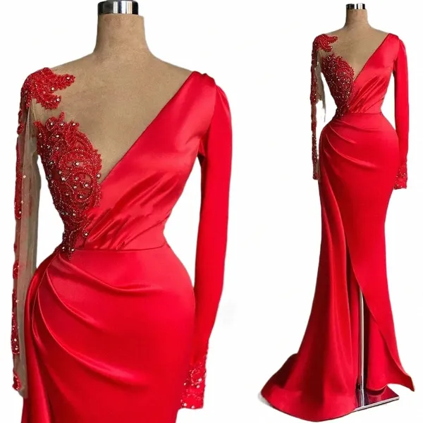 2024 Sexy Prom Dres Rouge Dentelle Appliques Perles De Cristal Jewel Cou Illusi Lg Manches Satin Côté Split Robes De Soirée L8ov #