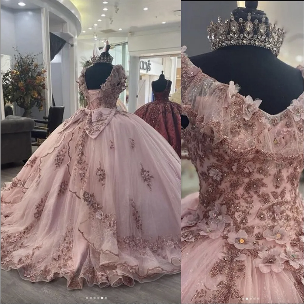 2024 Sexy Quinceanera Ball Gown Dresses Rose Gold Pink Sequined Lace Tulle Scoop Neck Appliques Crystal Beads Sequins Hand Made Flowers Plus Size Prom Evening Gowns