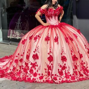 2024 Sexy Quinceanera Jurken Bordeaux Off-shoulder Kapmouwtjes 3D Bloemen Bloemen Tule Sweet 16 Feestjurk vestidos de 15 Prom Party Jurken Vloerlengte