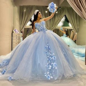 2024 robes de quinceanera sexy ciel clair bleu chérie sans manches 3d fleurs de floral tulle doux 16 robes de fête vestidos de 15 robes de fête de bal longueur de sol