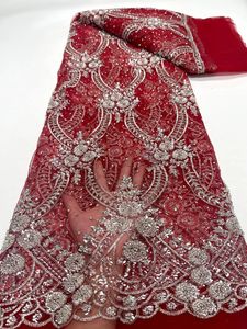 2024 Sexy Red High Quality African Lace Fabric Sequins Mesh Luxury Luxury Perle Broidered Tabinet en tulle pour robes à coudre J7194 240417