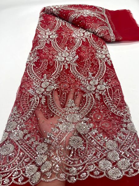 2024 Sexy Red High Quality African Lace Fabric Sequins Mesh Luxury Luxury Perle Broidered Tulle Fabric pour les robes à coudre J7194 240408