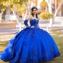 2024 Sexy rouge bleu royal paillettes dentelle Quinceanera robes robe de bal perles de cristal or rose paillettes chérie avec manches volants robe de soirée robes de soirée de bal