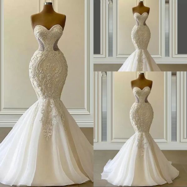 2024 Sexy Robe De Novia Robes De Mariée Sirène Robes De Mariée Formelles Chérie Broderie Dentelle Appliques Perles De Cristal De Luxe Illusion Balayage Train Plus Taille