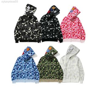 2024 Shark Hoodies Camo Volledige Zip Heren Dames Ontwerpers Hoodie Mode Hoody Stylist Cartoon Haaien Afdrukken Jas Man Casual Sweatshirts Maat