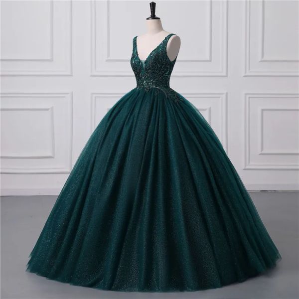 2024 Vestidos de quinceañera de tul con lentejuelas de color verde oscuro brillante Vestido de fiesta con cuello en V sin espalda sexy Vestidos de fiesta de noche con corsé en la espalda BM3506