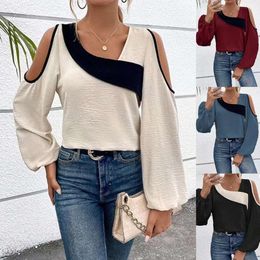 2024 Shirt Off Shoulder Patchwork lange mouwen modieuze los passende dames top F41829