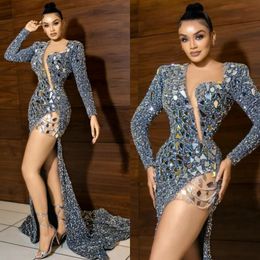 2024 Silver Plus taille robes de bal Longue robe de soirée élégante miroir étincelant se paillettes côté illusion perle perle