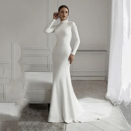 Robe De mariée sirène en dentelle Simple, manches longues, col haut, robes De mariée musulmanes en Satin, 2024