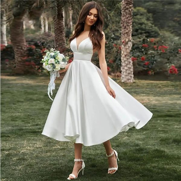 2024 vestido De Novia corto Simple para mujer nuevo Civil una línea cuello en V tirantes espagueti vestido De Novia té-longitud Vestidos De Novia