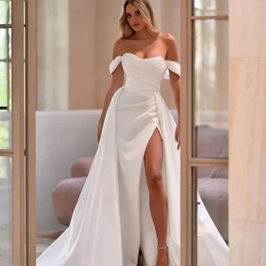 Robe De mariée sirène en Satin, Simple, Sexy, épaules dénudées, plis, fente latérale, robes De mariée simples, 2024