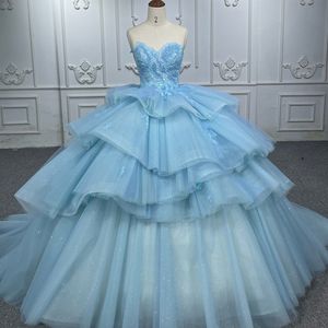 Robe De Quinceanera bleu ciel, épaules dénudées, robe De bal en dentelle et perles, tulle à plusieurs niveaux, douce 16 robes De 15 ans, 2024