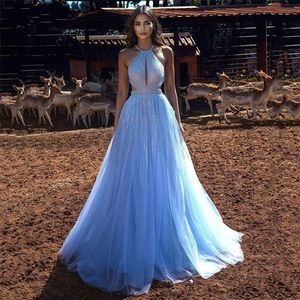 2024 Hemelsblauwe Prinses Avondjurk Elegant Glitter Halter Lovertjes Tule Vloerlengte Backless Prom Formele Toga Robe De Soiree Femme vestidos De Fiesta