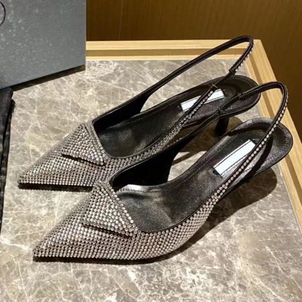 2024 Slingback pointu à orteil Stiletto Robe à talon Sandales Gladiator Pumps Cowhide Rimestones Femme's Party Evening Shoes Luxurious Designer High Heels 35-42 avec boîte