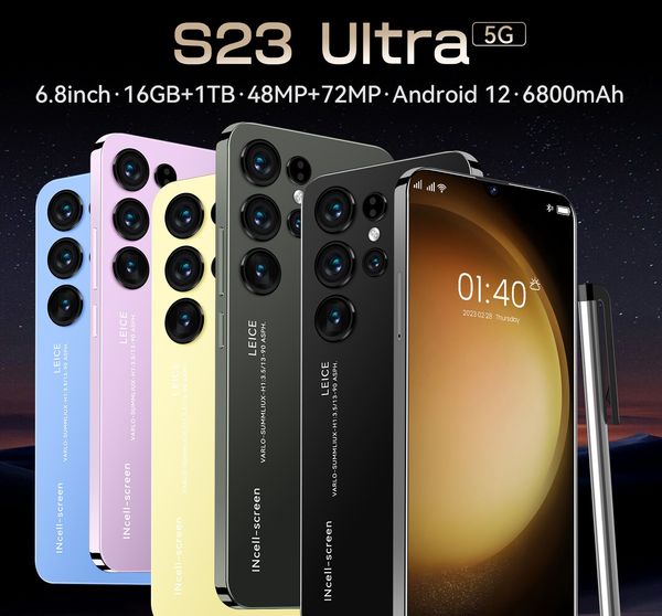 2024 Smartphone S23 Ultra + 5G Téléphones mobiles Global Global Déverrouillé Carte SIM Dual Dual 6800mAH 16 Go + 1T Téléphone cellulaire Android 48MP + 72MP