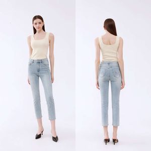 2024 Smoke pijp rechte buis elastische slanke fit bijgesneden broek voor vrouwen populaire en veelzijdige kleine jeans