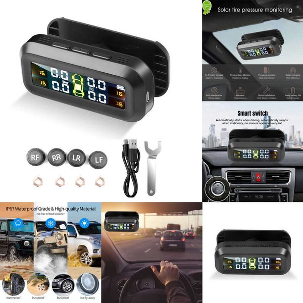 Système de surveillance de la pression des pneus automobiles TPMS solaire 2024, 4 capteurs d'avertissement de température, connexion du pare-brise, Kit de sécurité de conduite automatique