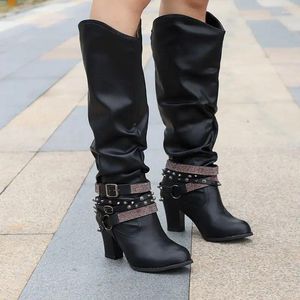 2024 Solide High 400 Boots Bottes Femme Femme peu profonde pointues talons Knee-High Femme Plateforme Zapatos de Mujer Leather 32 Knee-