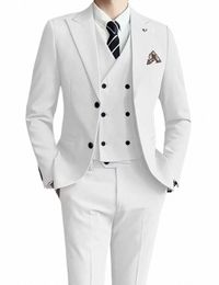 2024 Costume pour hommes blanc uni Mariage formel Groomman Tuxedo Double boutonnage élégant Slim Fit Blazer 3 pièces Ensemble Robe De Novia 532A #