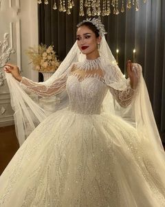 2024 Sparkly Arabe Dubaï Robe De Mariée Col Haut Illusion Manches Longues Perles Appliquées Dentelle Femmes Robes De Mariée Court Train Nouveau Robe De Novia