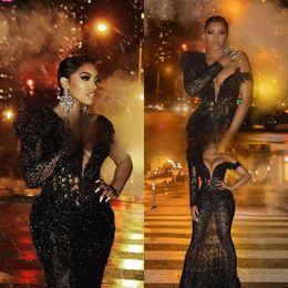 2024 Robe de bal sirène noire scintillante dentelle africaine africaine pailletée manches longues simples femmes grande taille robes de soirée formelles