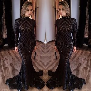 2024 Sparkly Black Lace Lace Lace High Necy Long Longueur Longueur Sirène Sirène Prom Robes Formes de soirée Robes de soirée 403