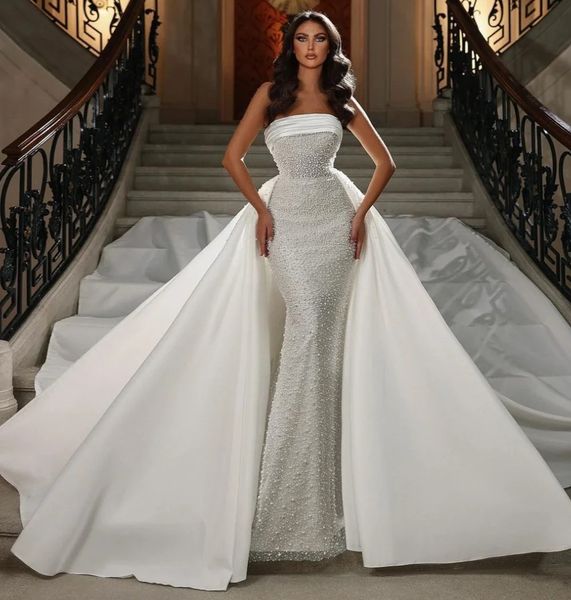 2024 brillante sirena vestido De novia para mujer sin tirantes perlas sin mangas Vestidos De novia hechos a medida Vestidos De novia De boda