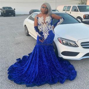 2024 Sparkly Royal Blue Proxin Prom -jurken voor zwarte meisjes met zilveren kristallen Rhinestones kralen plus size mermaid avondjurk verjaardagsfeestje Vestios de fiesta