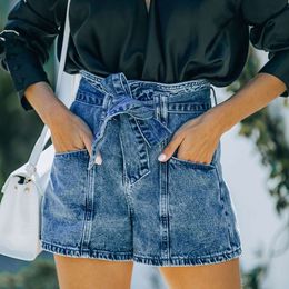 Short en jean taille haute pour femme, serré, épissé, Slim, avec ceinture lavable, 2024