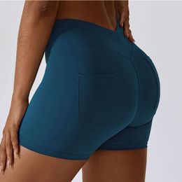 2024 Sport Yoga Shorts Align Lu arrière Pocket High V Taist Femmes Scrunch Butt Push Up Gym Athletic Booty Workout Exercice Femme Usure active Shor