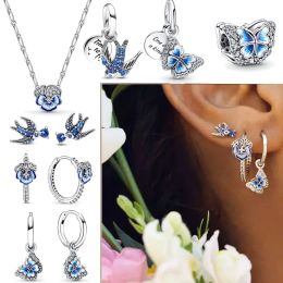 2024 Spring 925 Silver Earring Sparkling Blue Butterfly Hoop Earring Swallow Stud Earring Diy Earring Vrouwen fijne sieraden