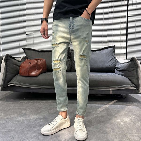 Jean court coupe cintrée en détresse pour hommes, pantalon décontracté avec petites jambes, Design tendance, printemps et automne 2024