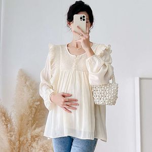 2024 Spring herfst zwangerschapskleding Koreaanse stijl lange mouw ruches patchwork zwangere vrouw chiffon shirts losse blouses schattig l2405